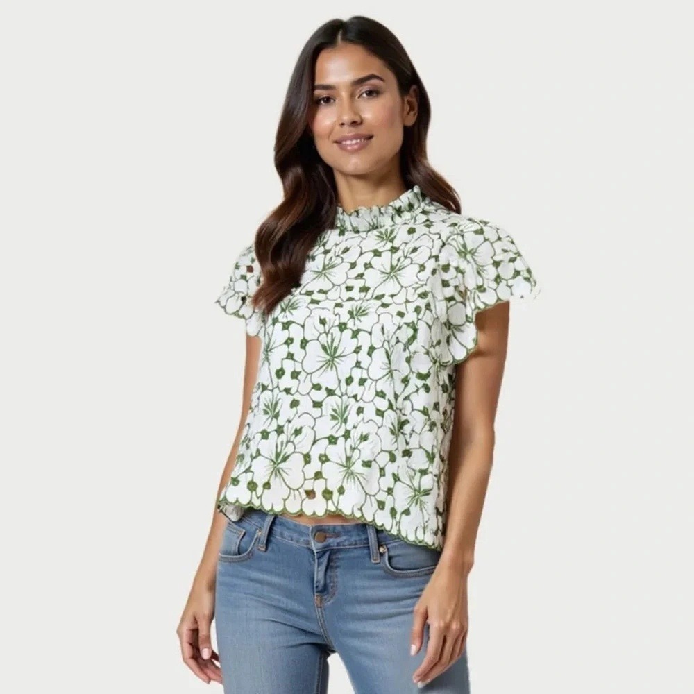 Glam White and Green Floral Embroidered Ruffle Neck Puff Sleeve Blouse Top